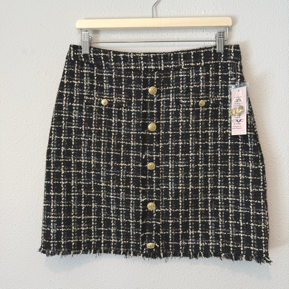 Nanette Lepore Black Gold Tweed Plaid Mini Skirt Gold Crest Buttons NWT Size M
